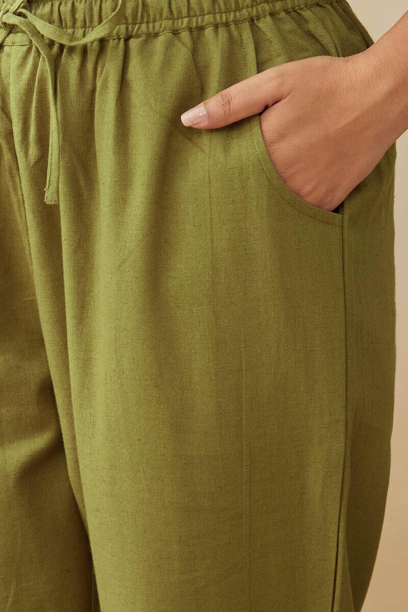 Olive Green Handcrafted Cotton Flax Narrow Pants