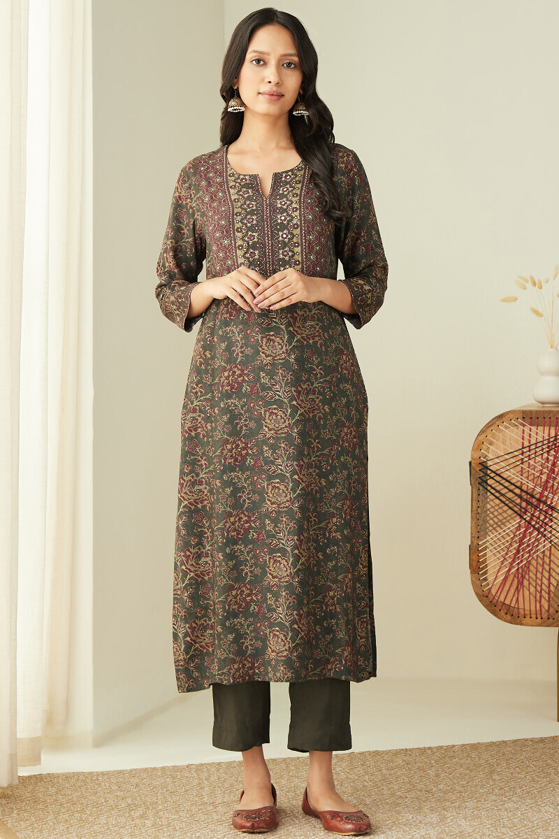 Olive Green Printed Straight Viscose Kurta