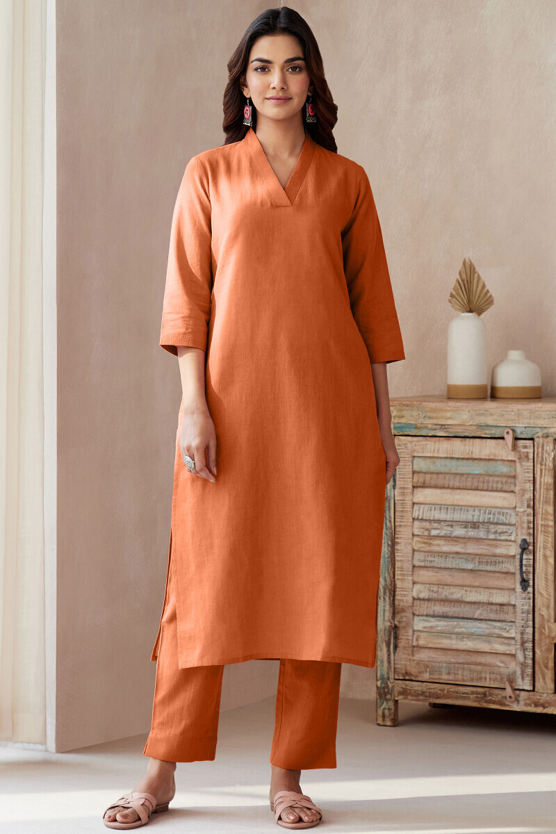 Burnt Orange Handcrafted Straight Cotton Flax Kurta