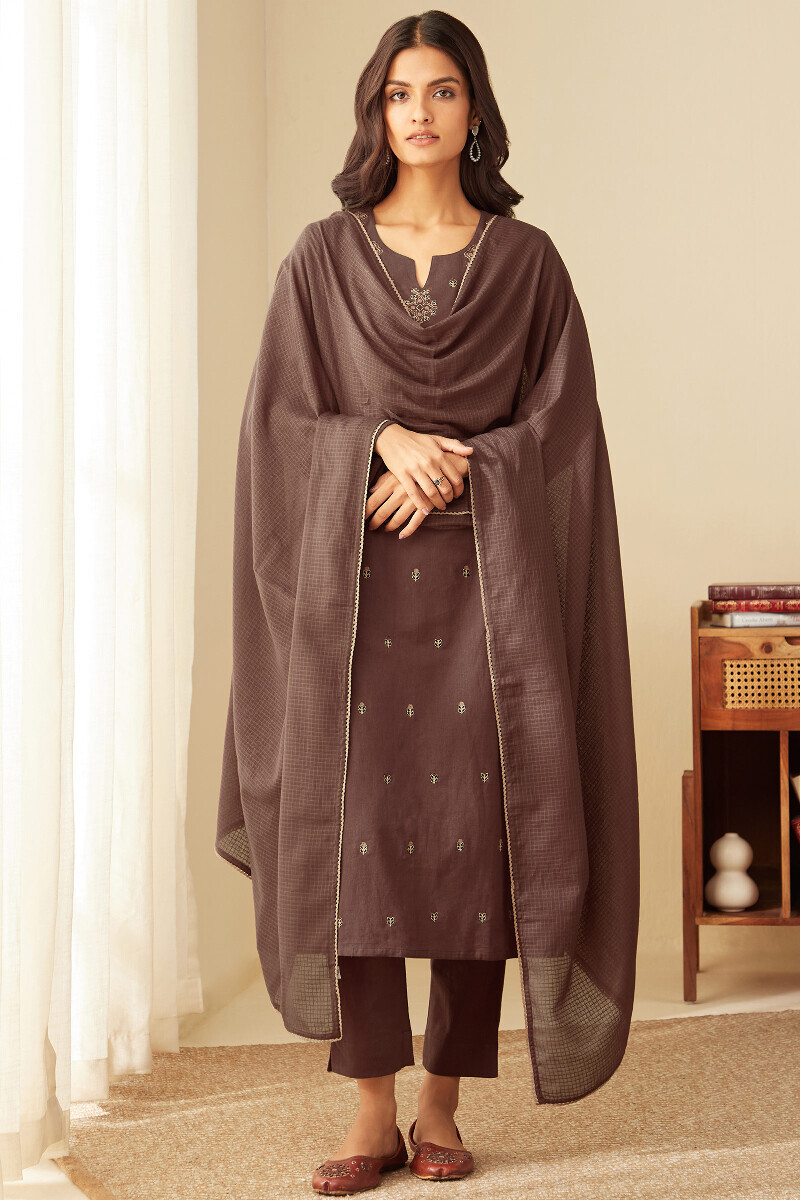 Brown Handcrafted Straight Cotton Flax Kurta