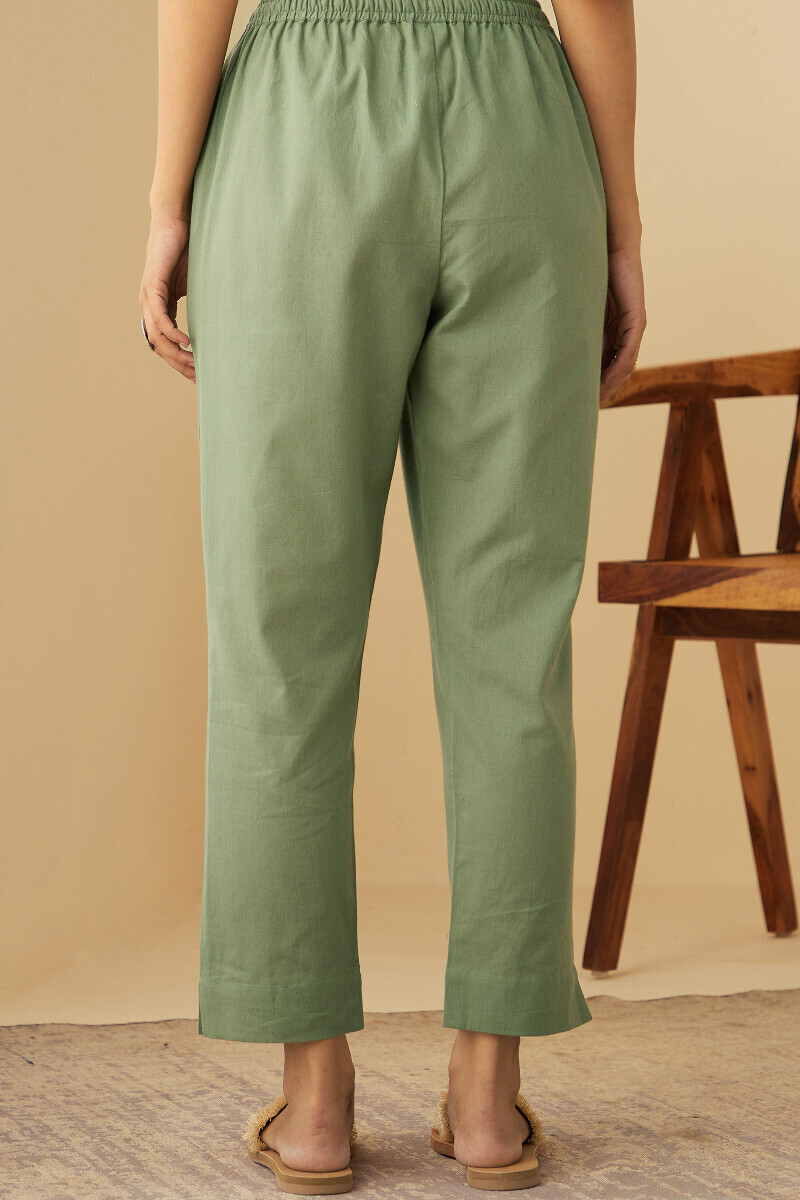 Green Handcrafted Cotton Narrow Pants