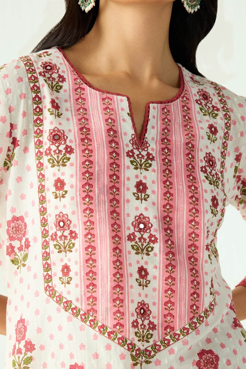 White Hand Printed Straight Cotton Dobby Kurta