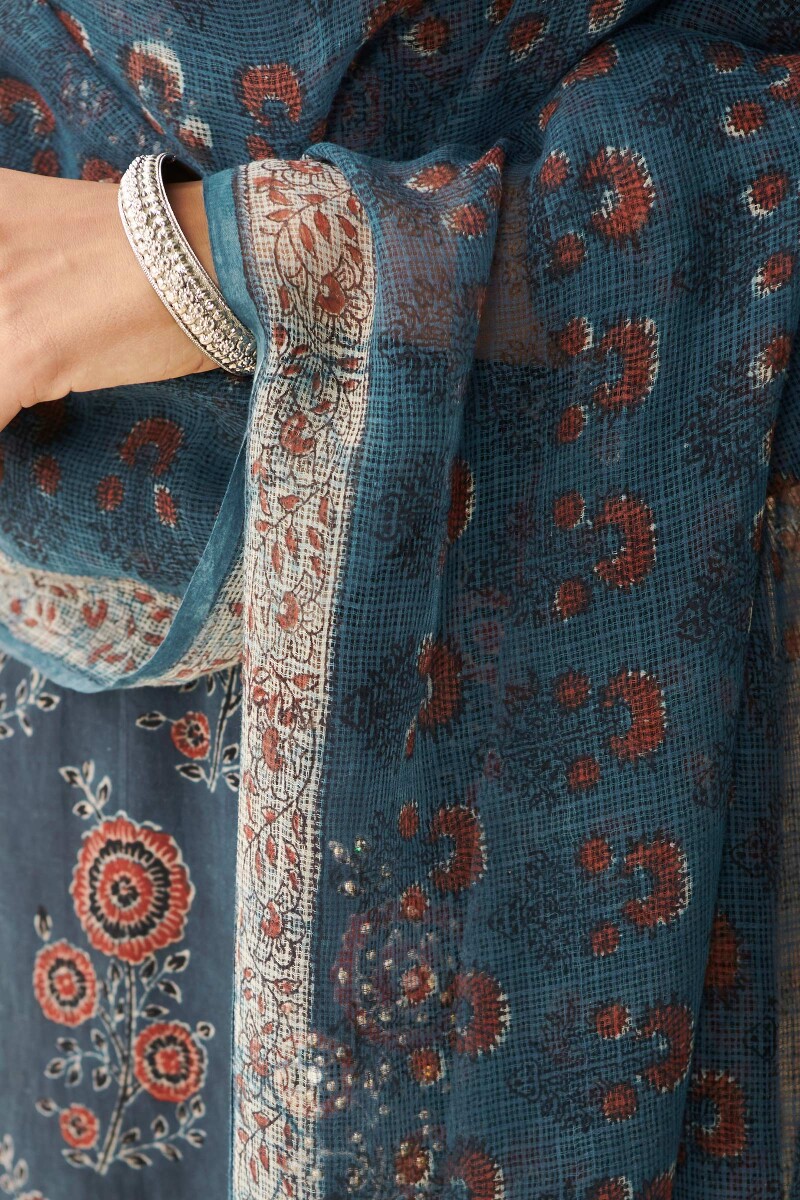 Indigo Hand Block Printed Kota Dupatta