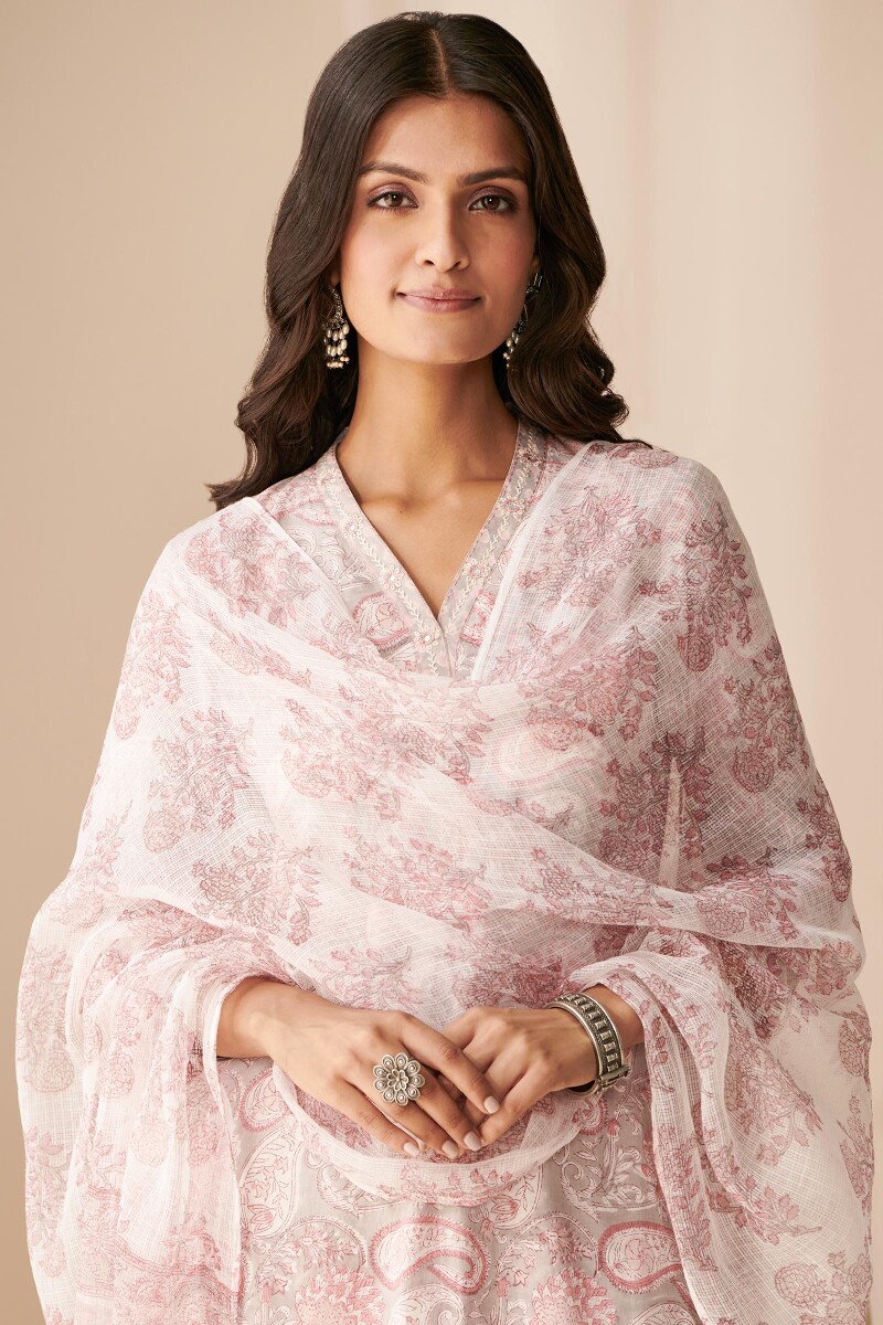 White Hand Block Printed Kota Dupatta