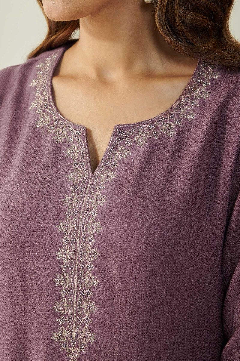 Purple Handcrafted Straight Faux Wool Kurta