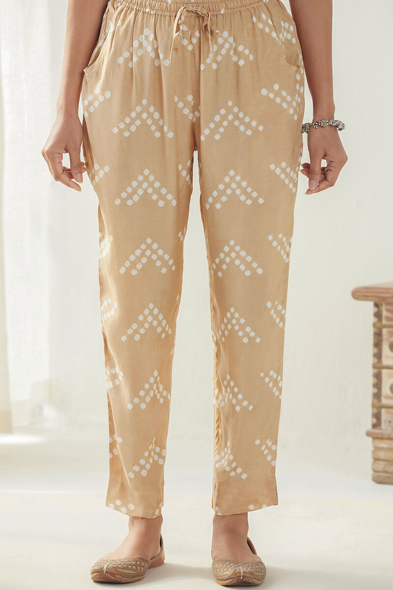 Beige Printed Modal Narrow Pants