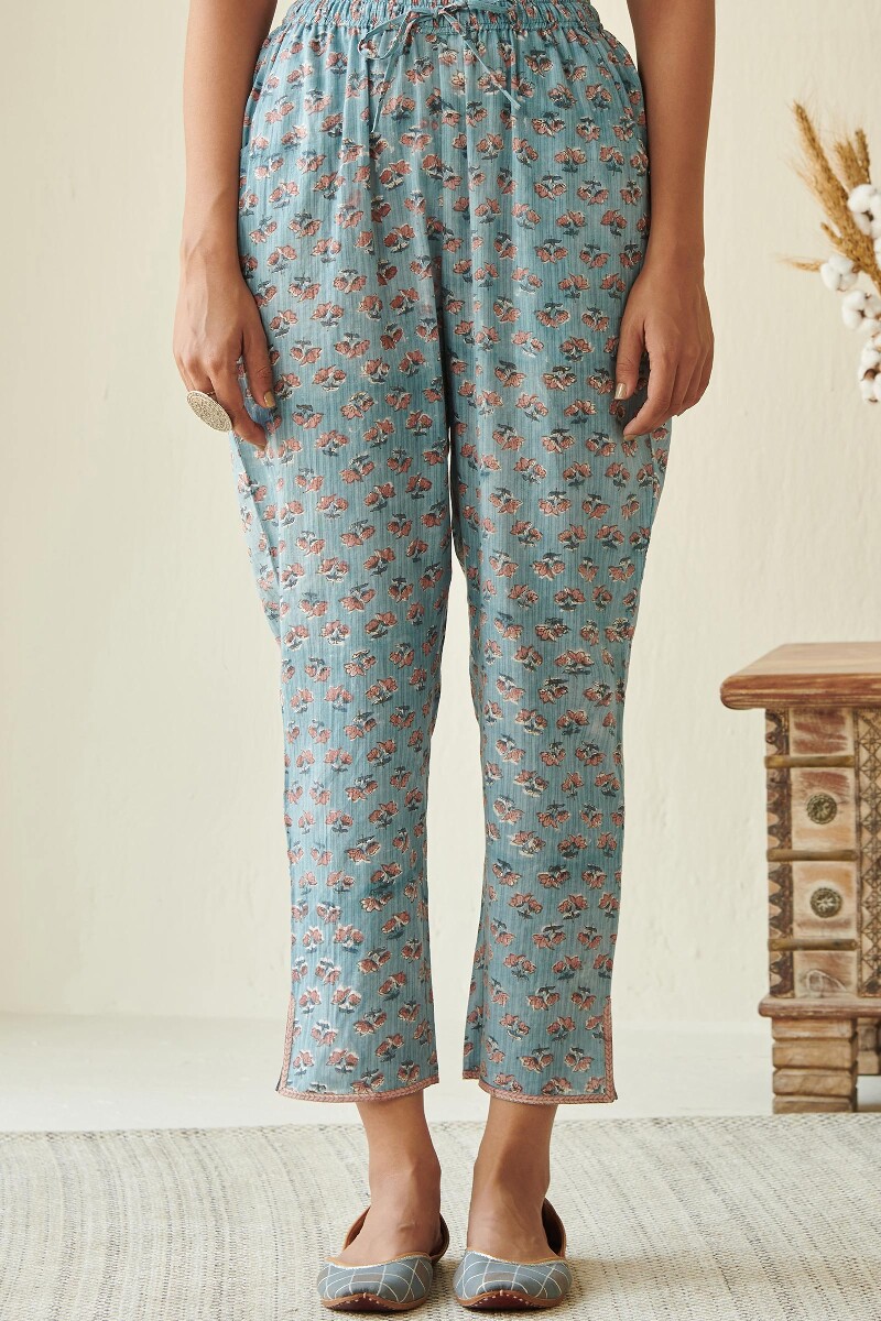 Blue Hand Block Printed Cotton Narrow Pants