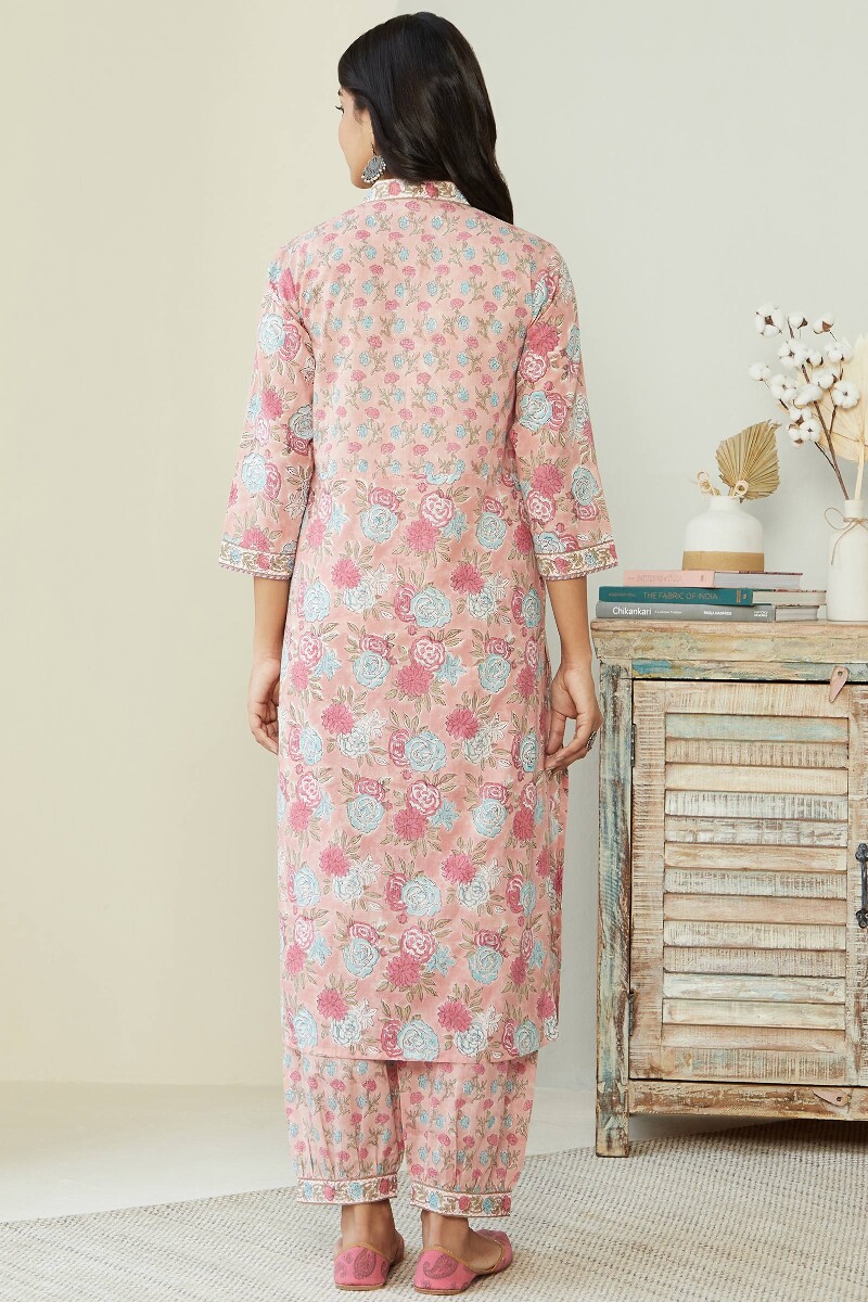 Pink Hand Block Printed Straight Cotton Kurta