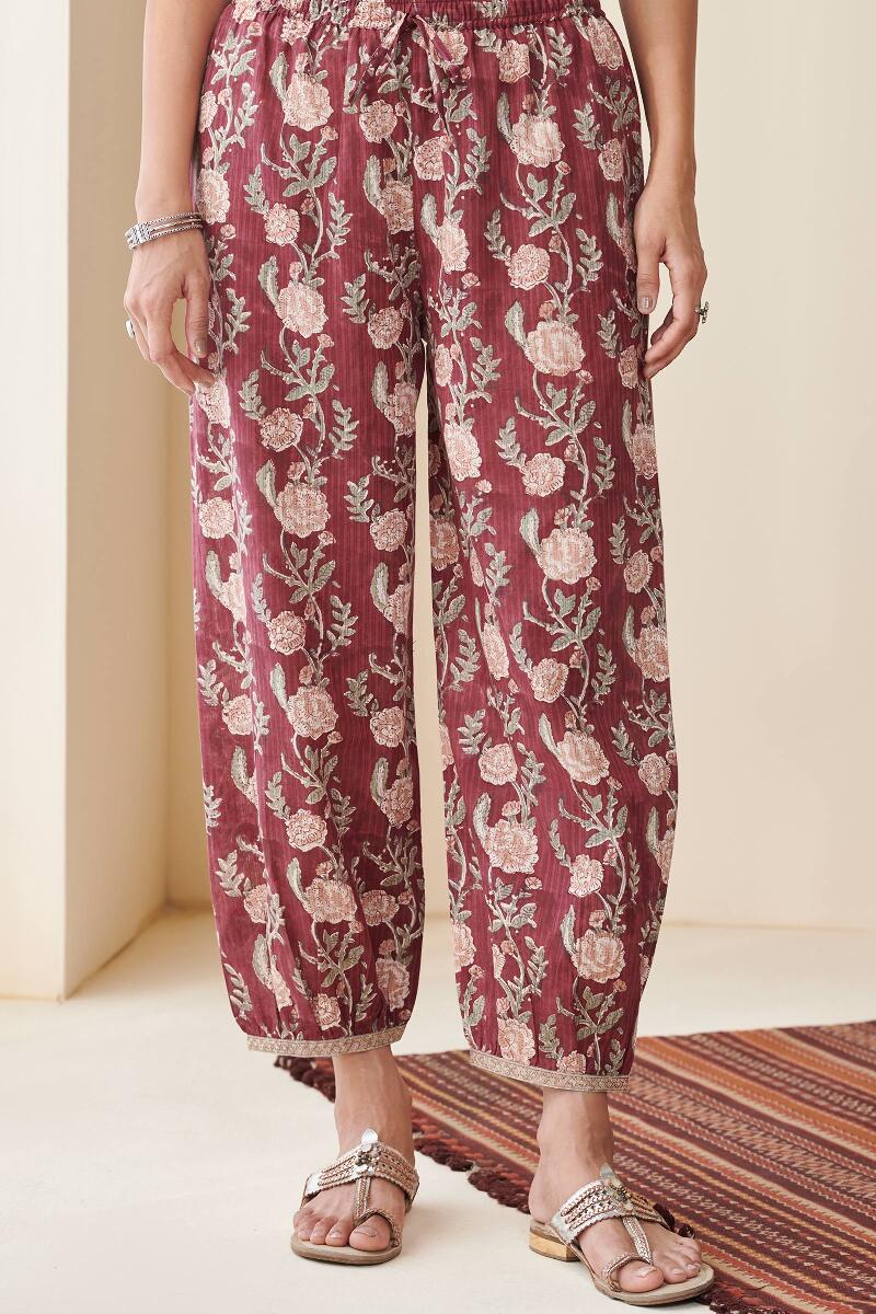 Maroon Hand Block Printed Cotton Izhaar Pants