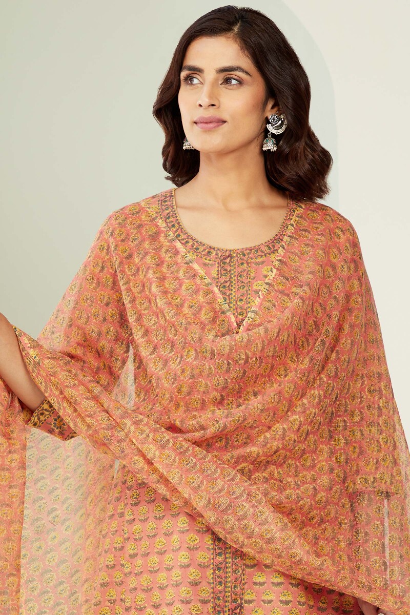 Peach Hand Block-Printed A-Line Cotton Kurta