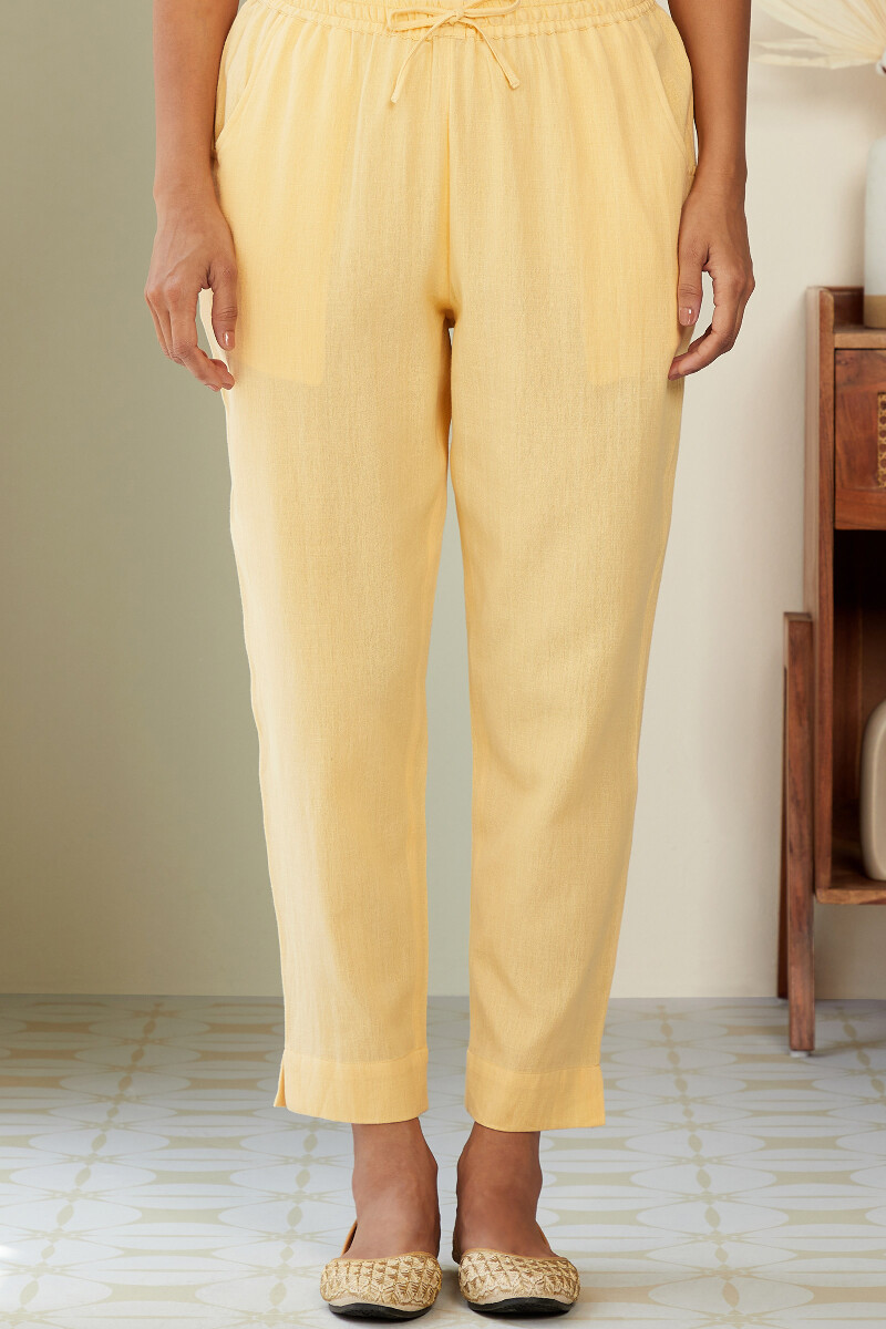 Yellow Handcrafted Cotton Flax Narrow Pants