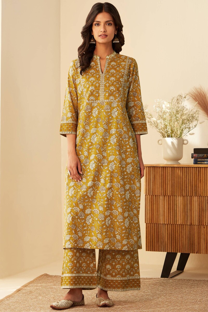 Mustard Hand Printed Straight Cotton Slub Kurta