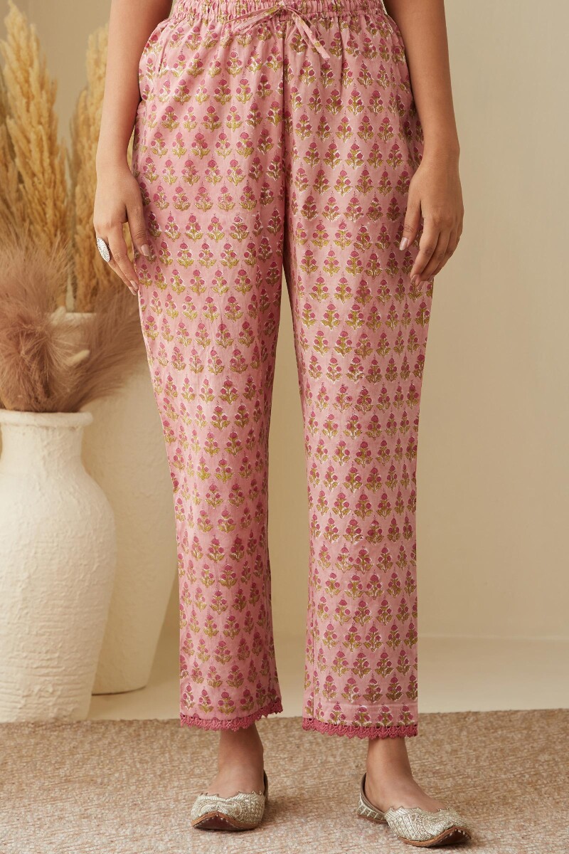 Pink Hand Block-Printed Cotton Narrow Pants