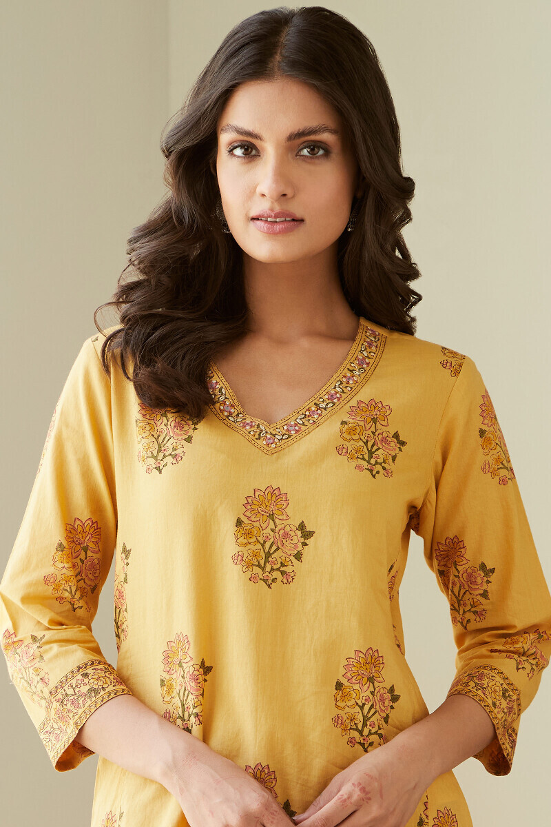 Mustard Hand Block-Printed Straight Cotton Kurta