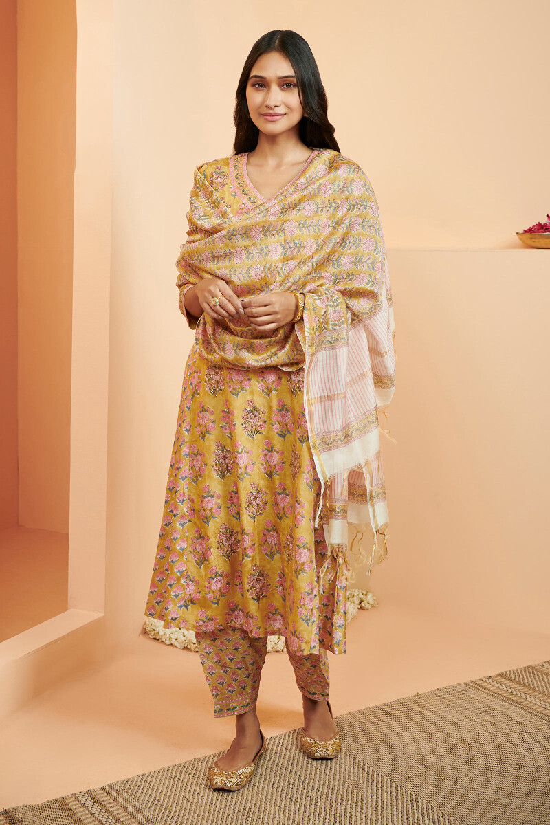 Yellow Hand Block Printed A-Line Modal Kurta