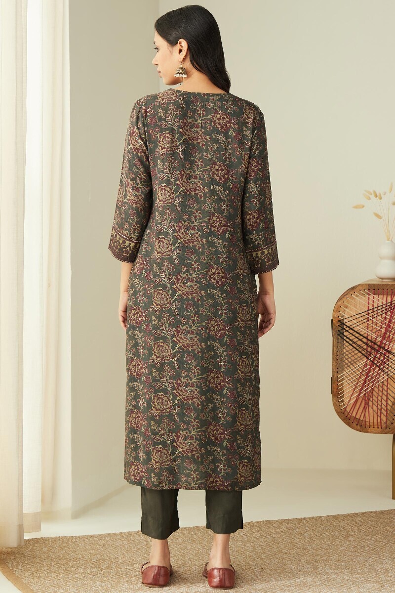 Olive Green Printed Straight Viscose Kurta