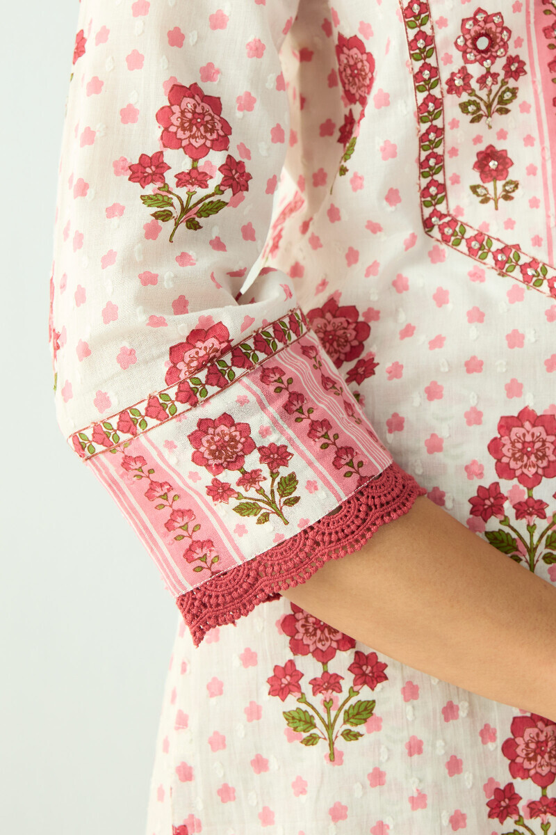 White Hand Printed Straight Cotton Dobby Kurta
