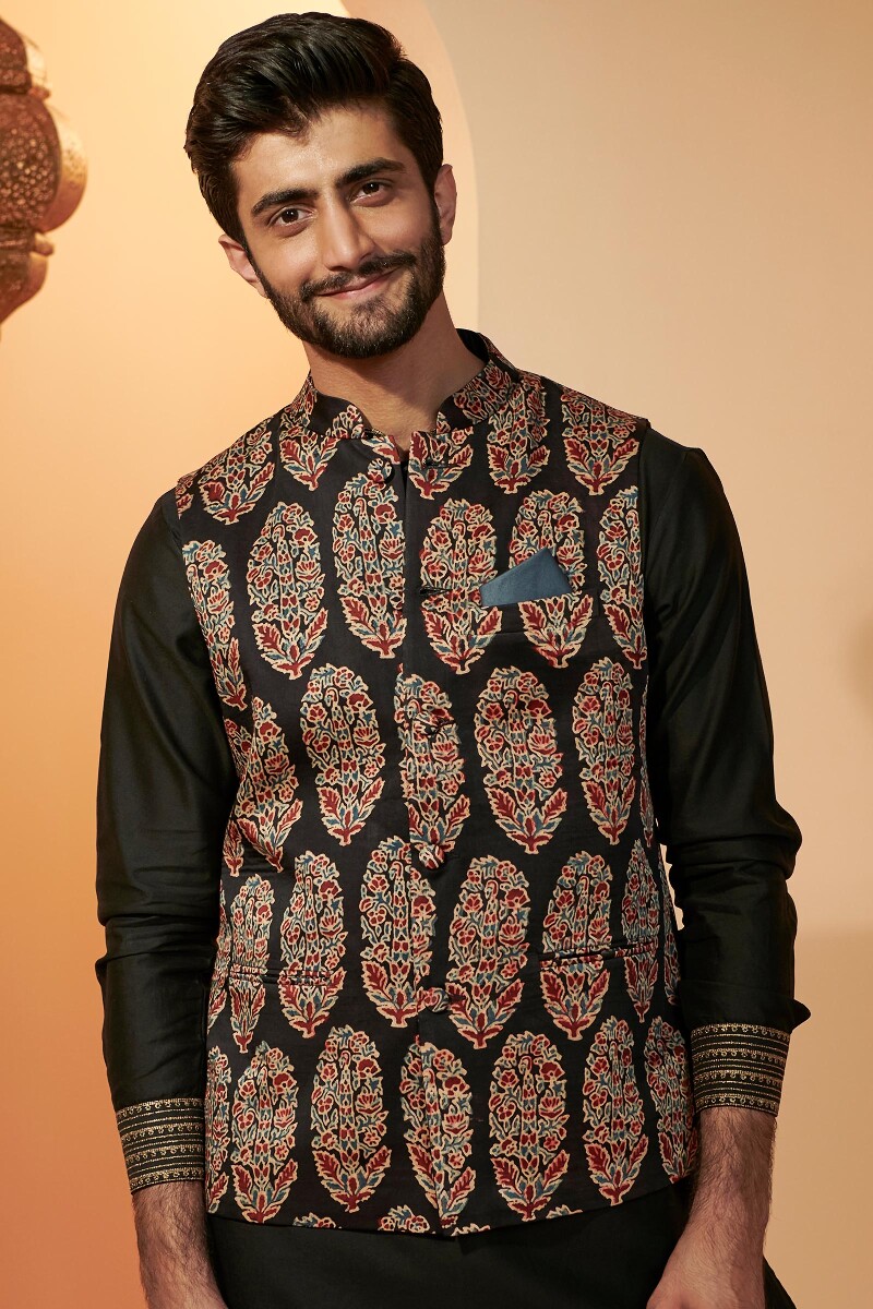 Black Hand Block Printed Modal Nehru Jacket