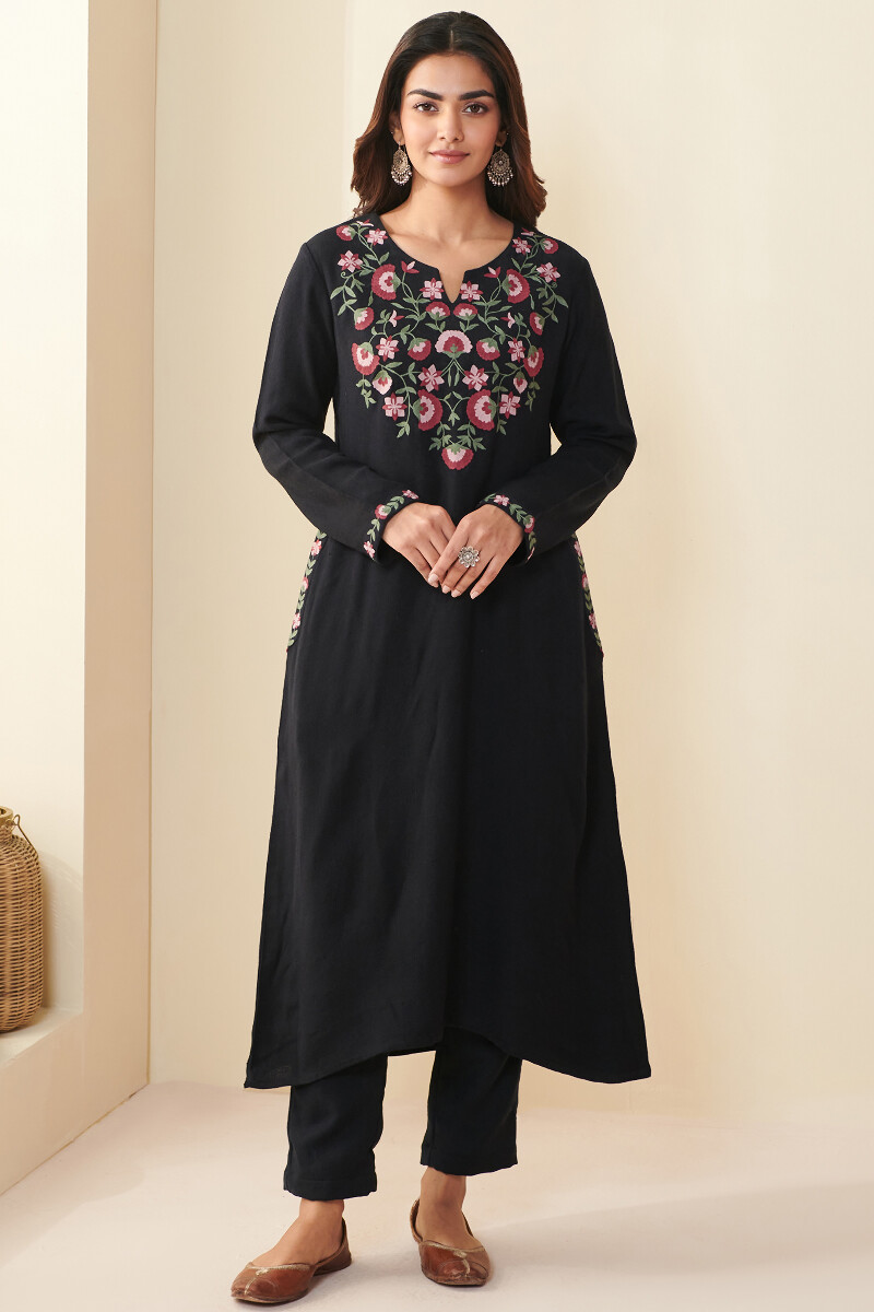 Black Handcrafted A-Line Faux Wool Kurta