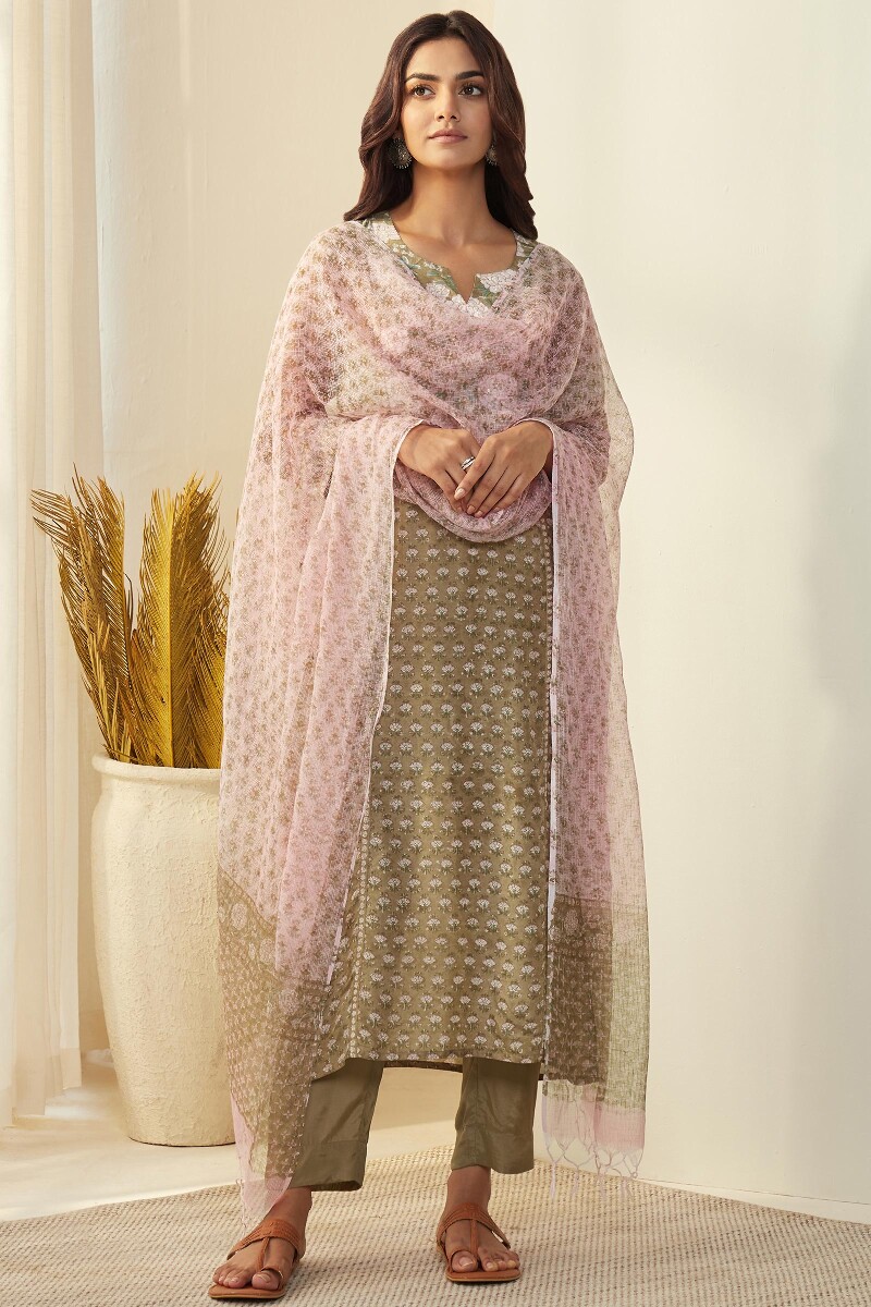 Brown Hand Block-Printed Straight Modal Kurta