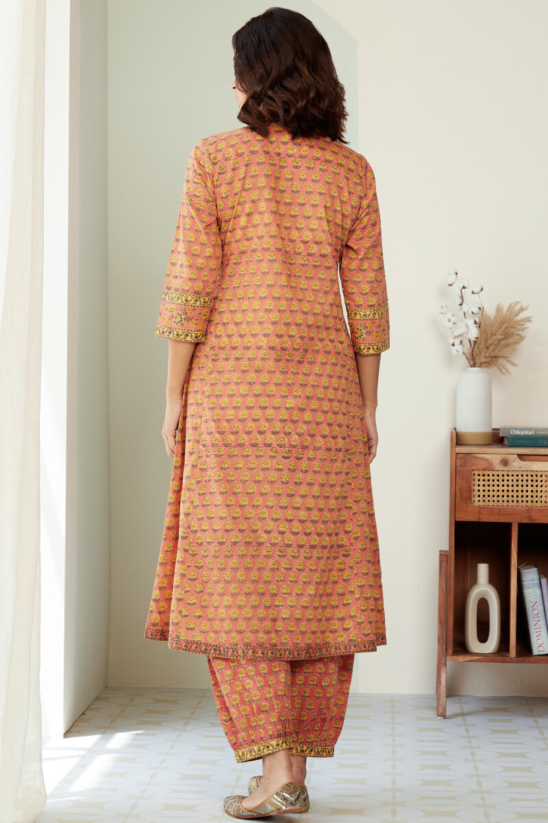 Peach Hand Block-Printed A-Line Cotton Kurta