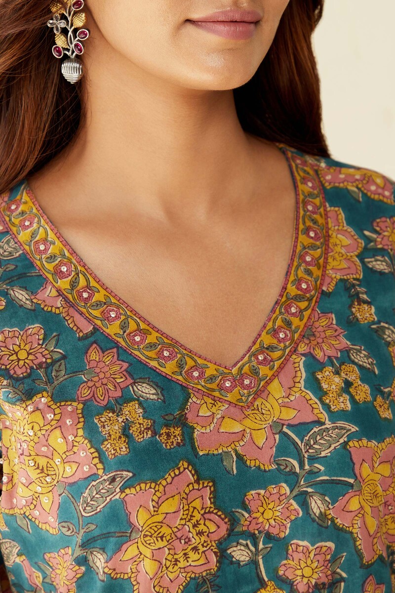 Blue Hand Block-Printed A-Line Cotton Kurta