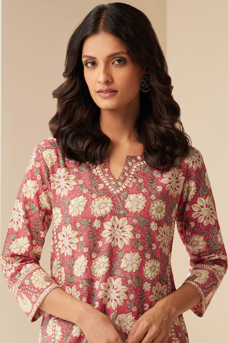 Pink Hand Block-Printed Straight Cotton Kurta