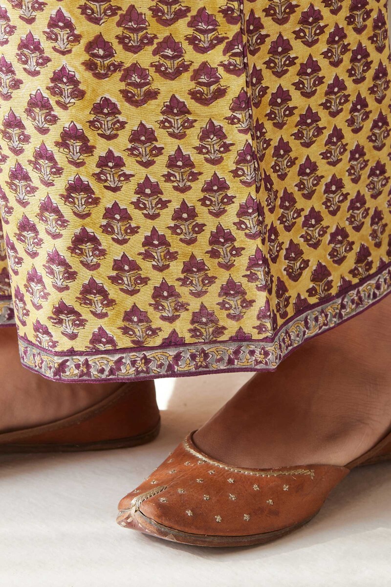 Yellow Hand Block-Printed Chanderi Farsi