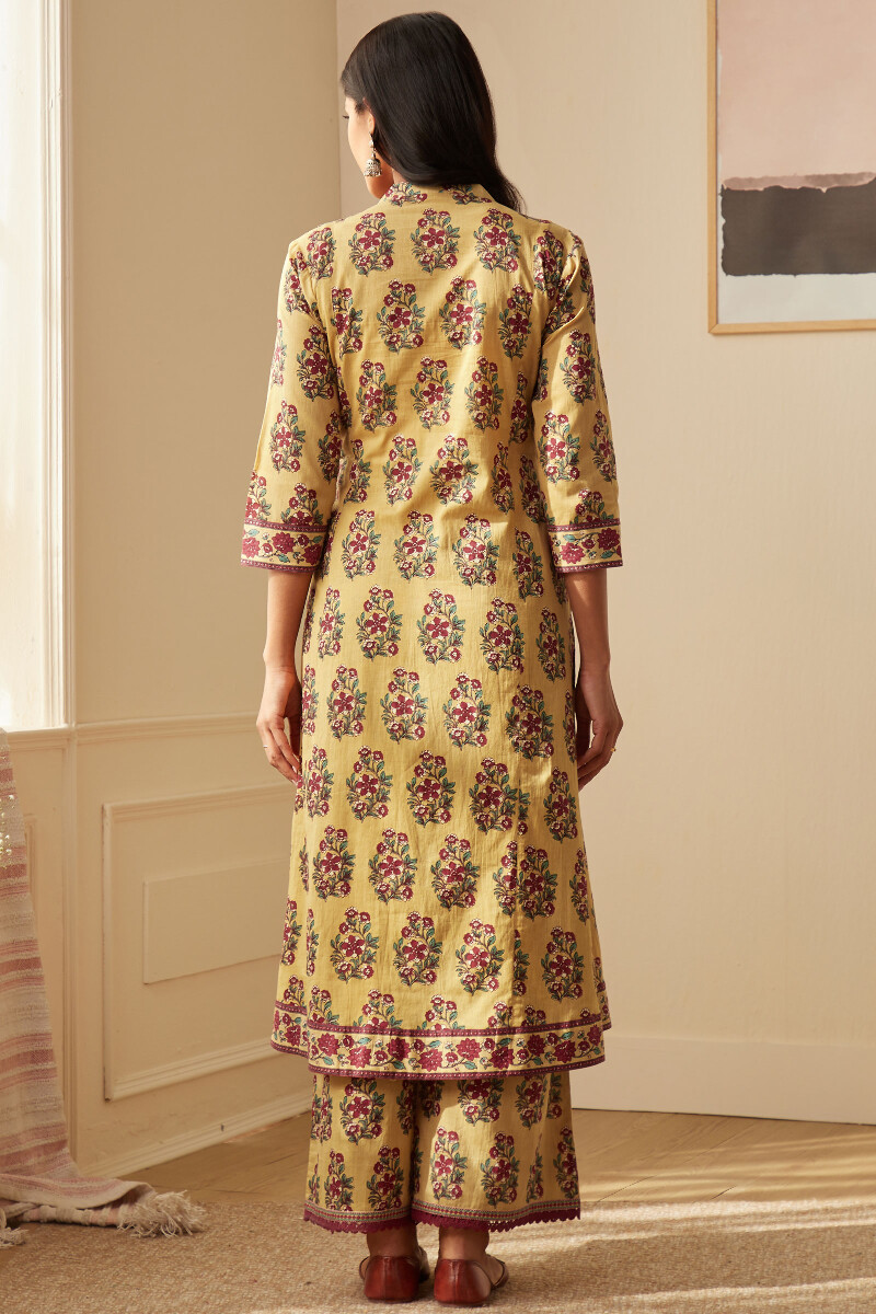 Yellow Hand Printed Angrakha Cotton Kurta