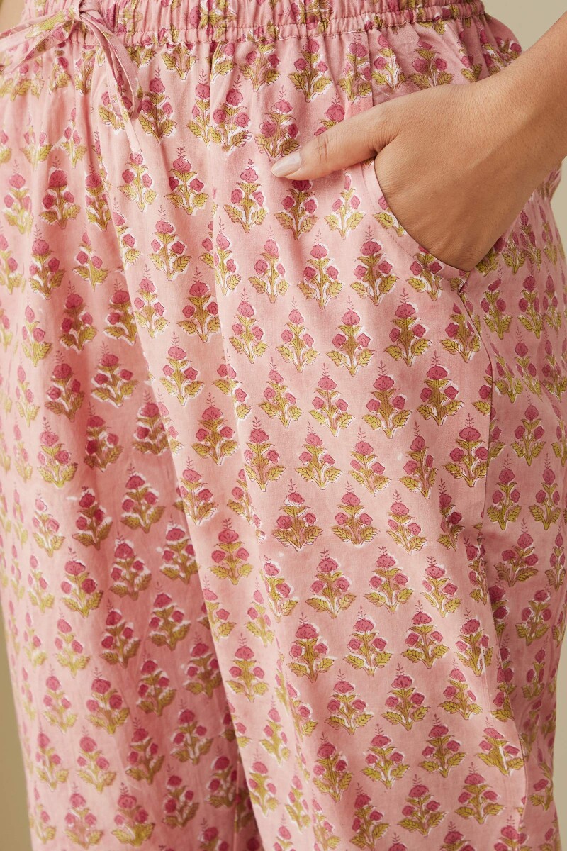 Pink Hand Block-Printed Cotton Narrow Pants