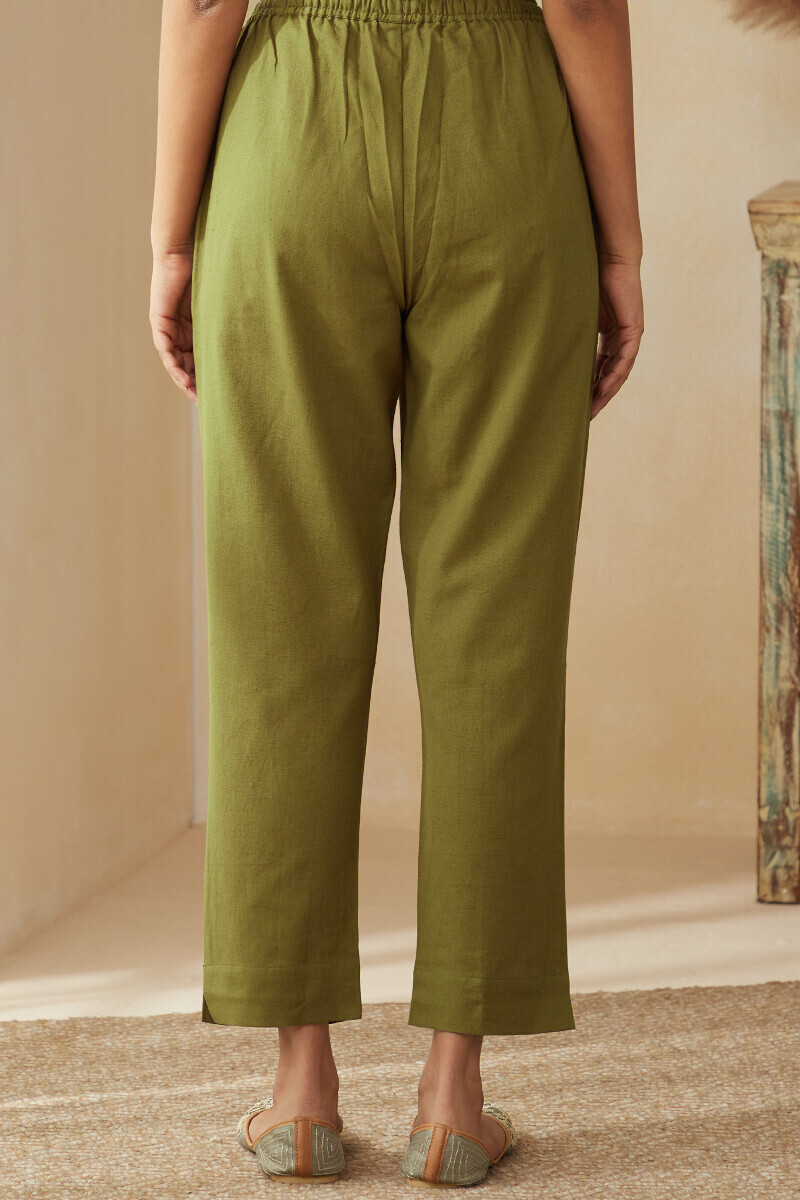 Olive Green Handcrafted Cotton Flax Narrow Pants