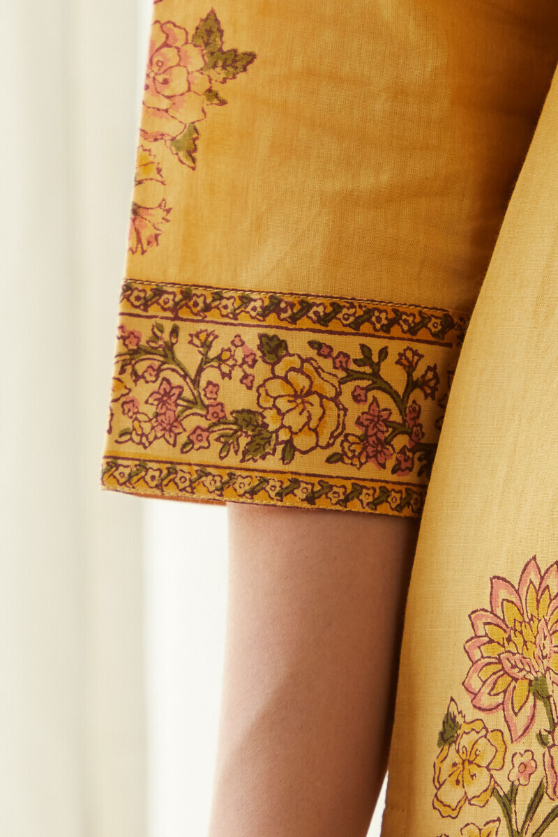 Mustard Hand Block-Printed Straight Cotton Kurta