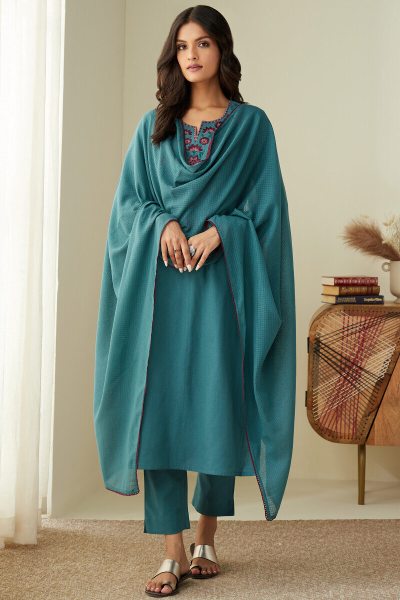 Blue Handcrafted Straight Cotton Flax Kurta