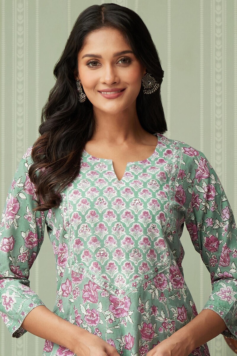 Green Hand Block-Printed Straight Cotton Kurta