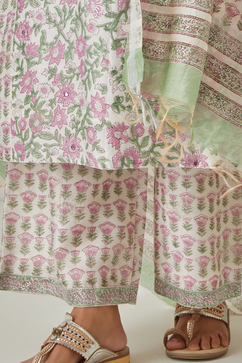 White Block Printed Chanderi Farsi