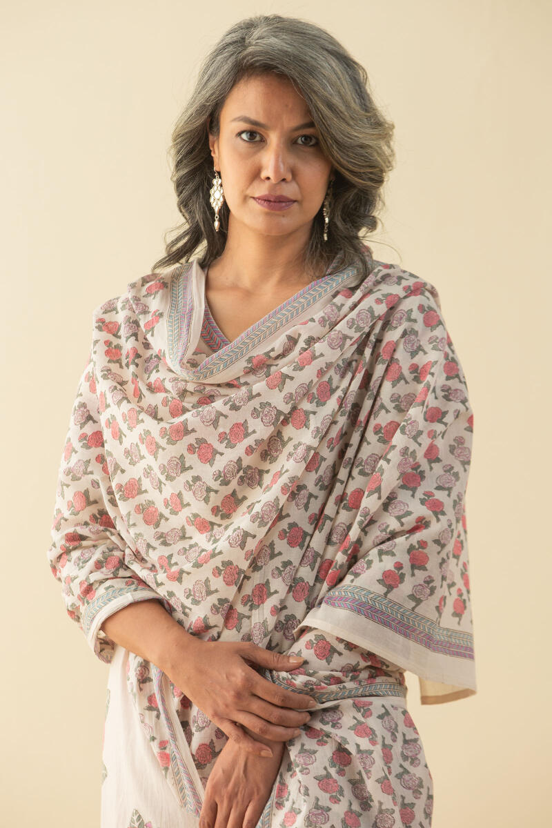 Pink Block Printed Cotton Dupatta