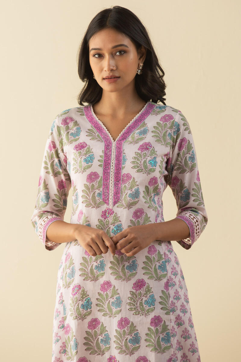Purple Block Printed Straight Cotton Kurta