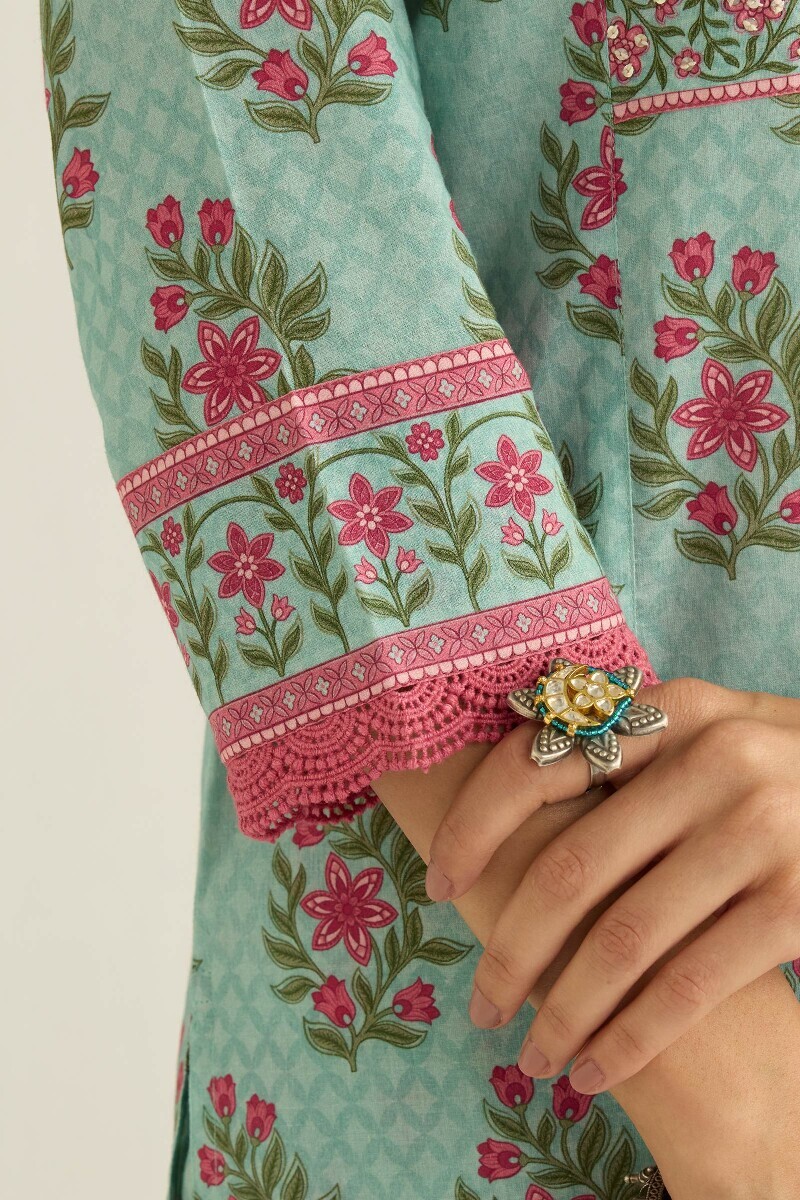 Blue Printed Straight Cotton Kurta