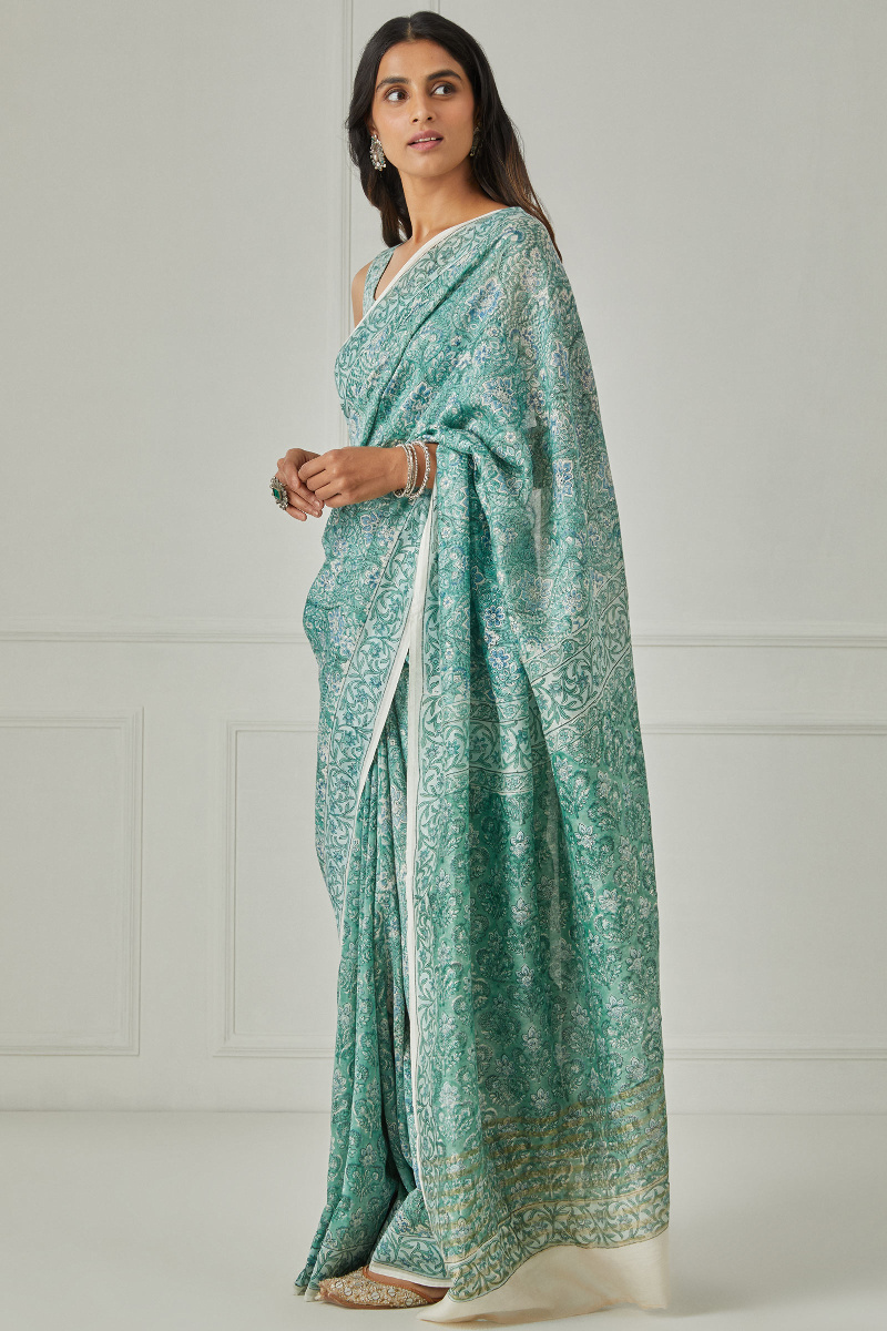 Green Block Printed Chanderi Saree