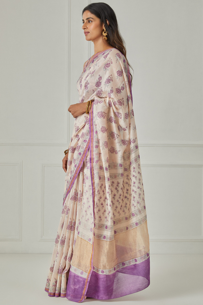 Off-White Block Printed Chanderi Saree