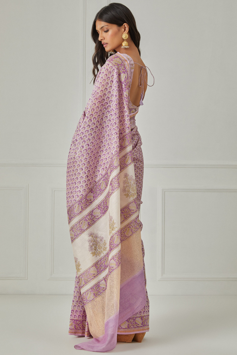 Pink Block Printed Chanderi Saree