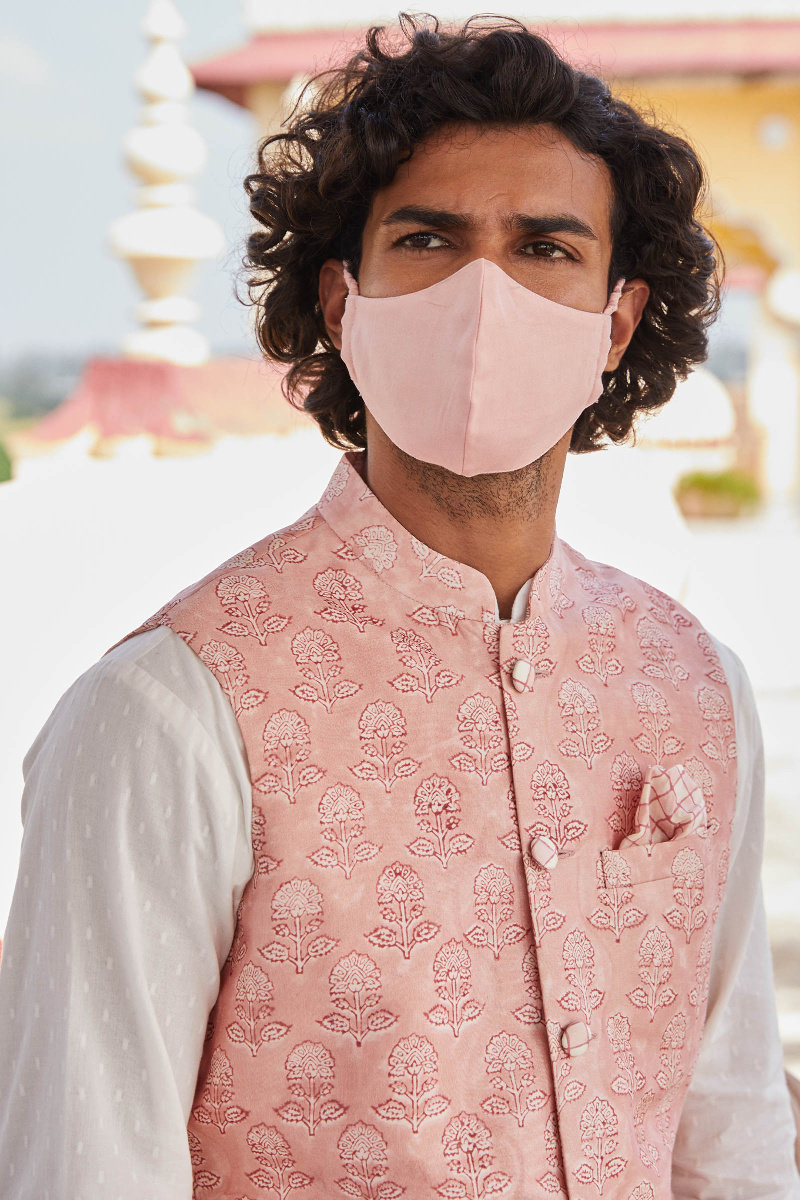 Pink Block Printed Chanderi Nehru Jacket