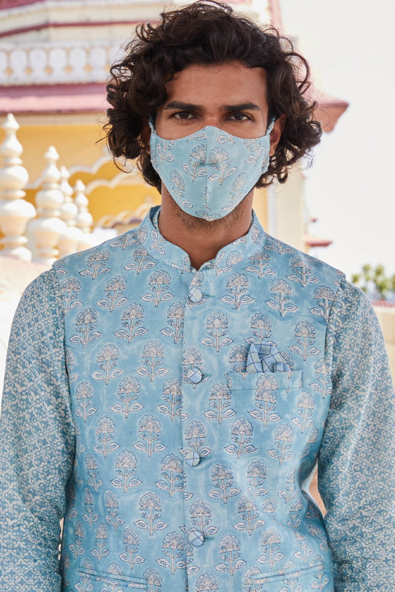 Blue Block Printed Chanderi Nehru Jacket