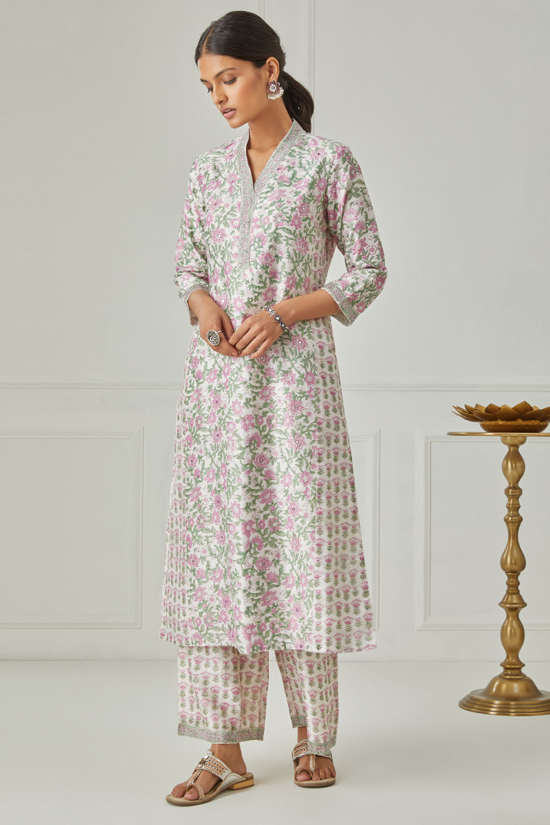 Off-White Block Printed Straight Chanderi Kurta