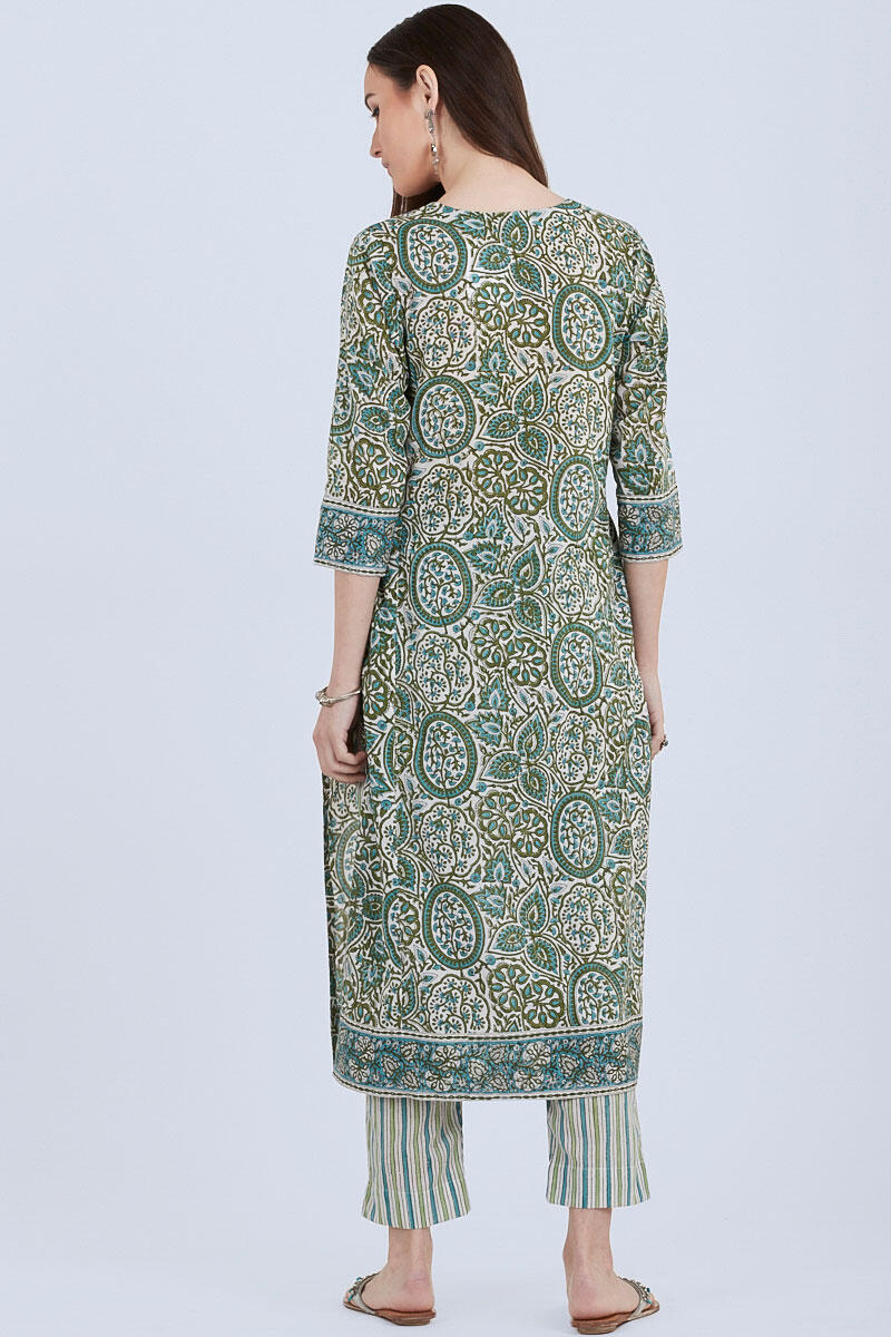 Green Block Printed Straight Cotton Kurta