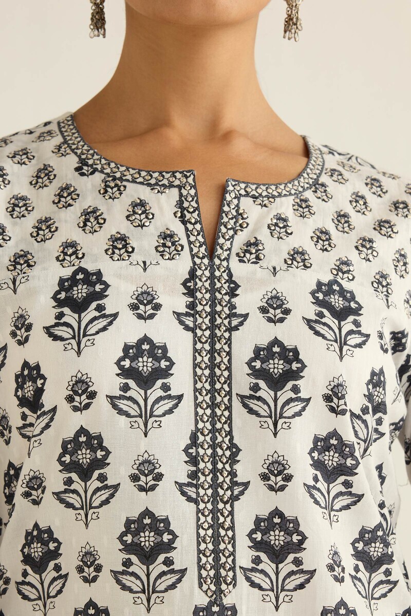 White Hand Printed Straight Cotton Dobby Kurta