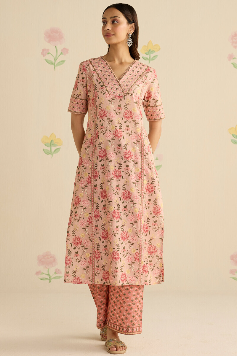 Peach Printed Straight Cotton Kurta