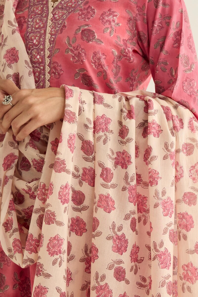 Pink Block Printed Cotton Dupatta