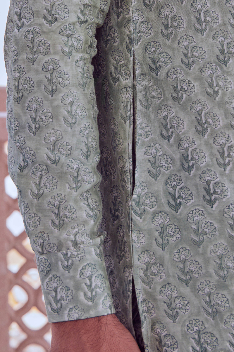 Green Block Printed Chanderi Kurta