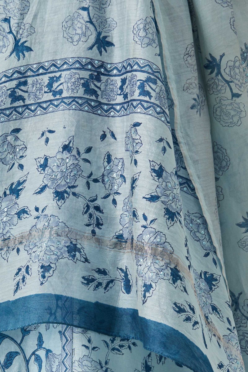 Blue Block Printed Chanderi Dupatta
